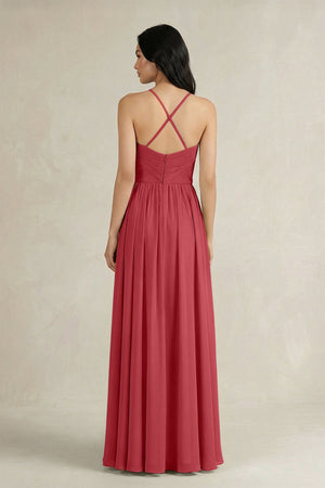 A - Line Pleated Spaghetti Strap Chiffon Bridesmaid Dress in Merlot - KISS BRIDAL Bridesmaid Dresses