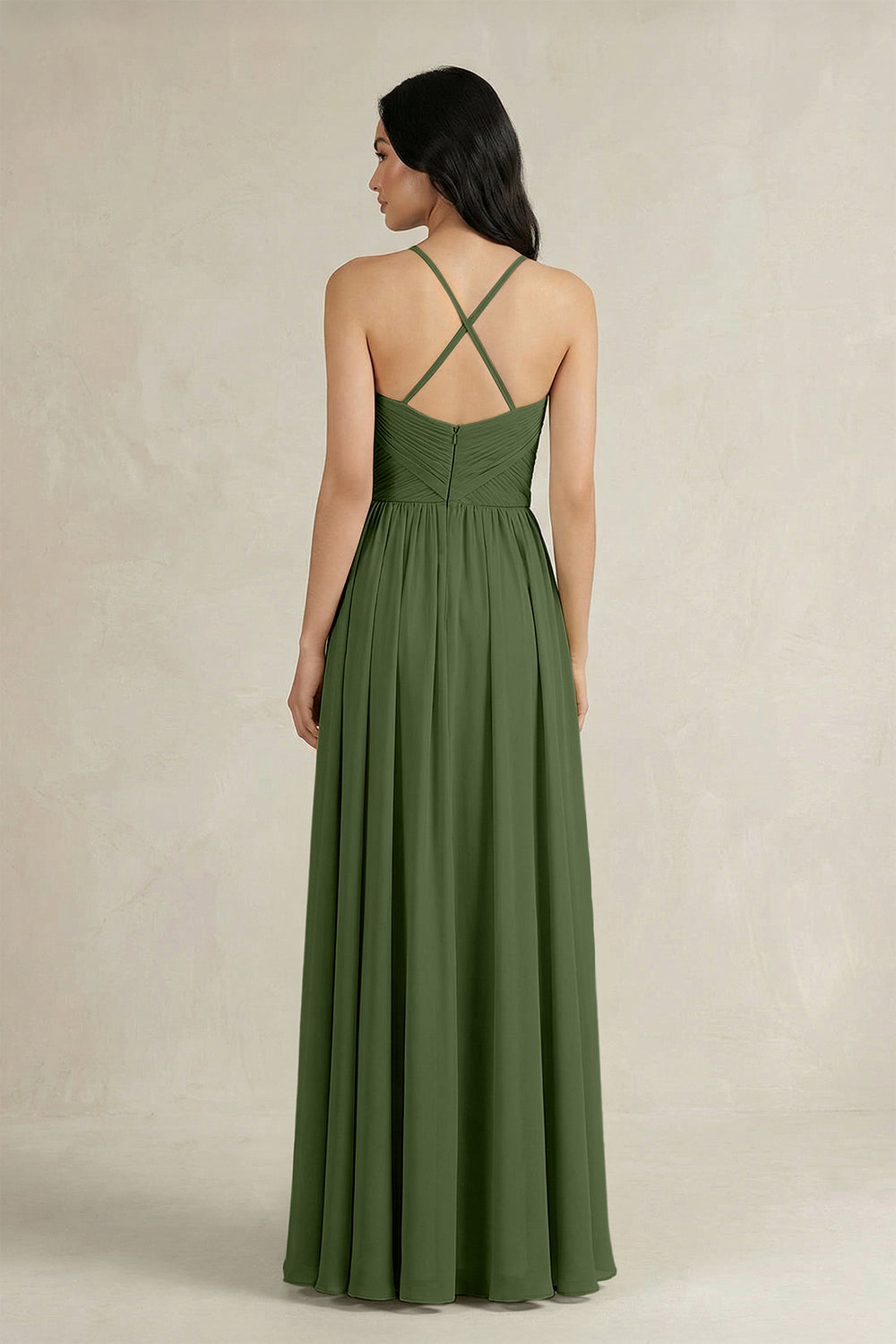 A-Line Pleated Spaghetti Strap Chiffon Bridesmaid Dress in Moss