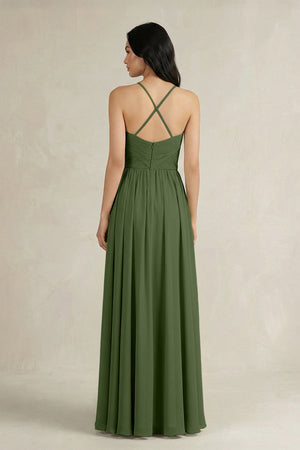 A-Line Pleated Spaghetti Strap Chiffon Bridesmaid Dress in Moss (2) | KISSBRIDAL