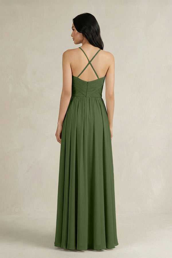 A-Line Pleated Spaghetti Strap Chiffon Bridesmaid Dress in Moss (2) | KISSBRIDAL