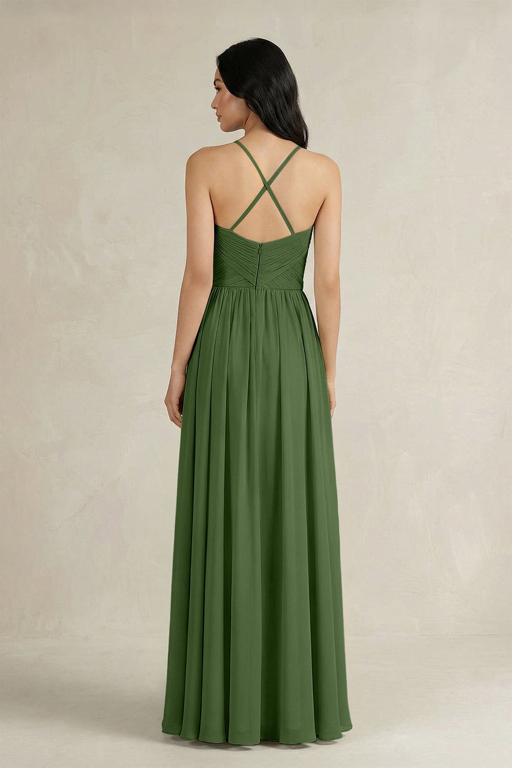A - Line Pleated Spaghetti Strap Chiffon Bridesmaid Dress in Moss - KISS BRIDAL Bridesmaid Dresses