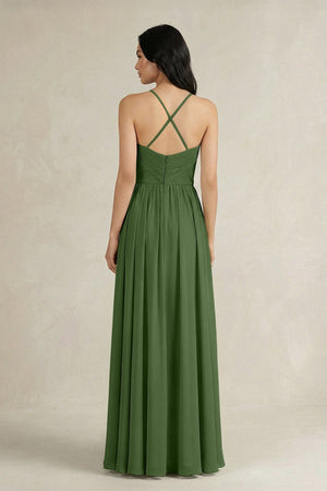 A - Line Pleated Spaghetti Strap Chiffon Bridesmaid Dress in Moss - KISS BRIDAL Bridesmaid Dresses