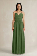 A - Line Pleated Spaghetti Strap Chiffon Bridesmaid Dress in Moss - KISS BRIDAL Bridesmaid Dresses