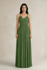 A - Line Pleated Spaghetti Strap Chiffon Bridesmaid Dress in Moss - KISS BRIDAL Bridesmaid Dresses