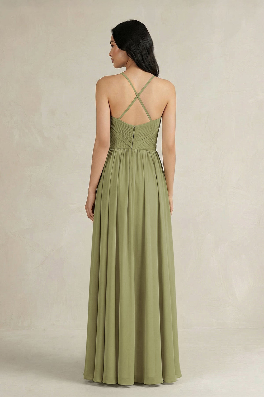 A - Line Pleated Spaghetti Strap Chiffon Bridesmaid Dress in Moss Green - SHE IS ME Bridesmaid Dresses
