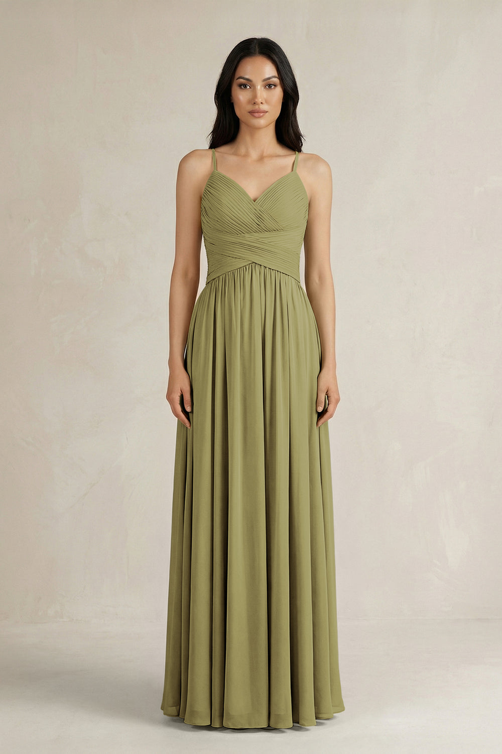 A-Line Pleated Spaghetti Strap Chiffon Bridesmaid Dress in Moss Green