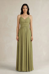 A-Line Pleated Spaghetti Strap Chiffon Bridesmaid Dress in Moss Green | KISSBRIDAL