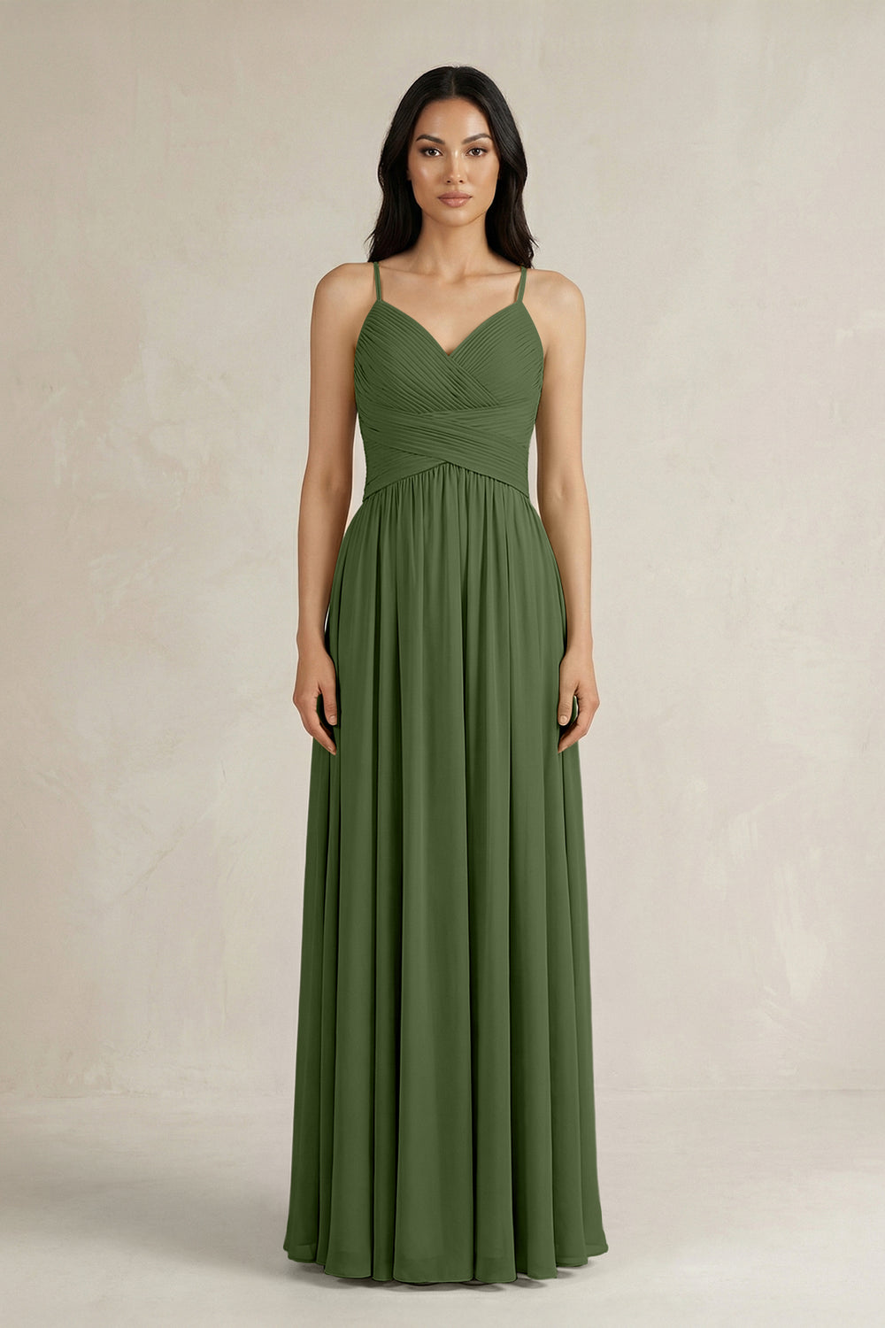 A-Line Pleated Spaghetti Strap Chiffon Bridesmaid Dress in Moss