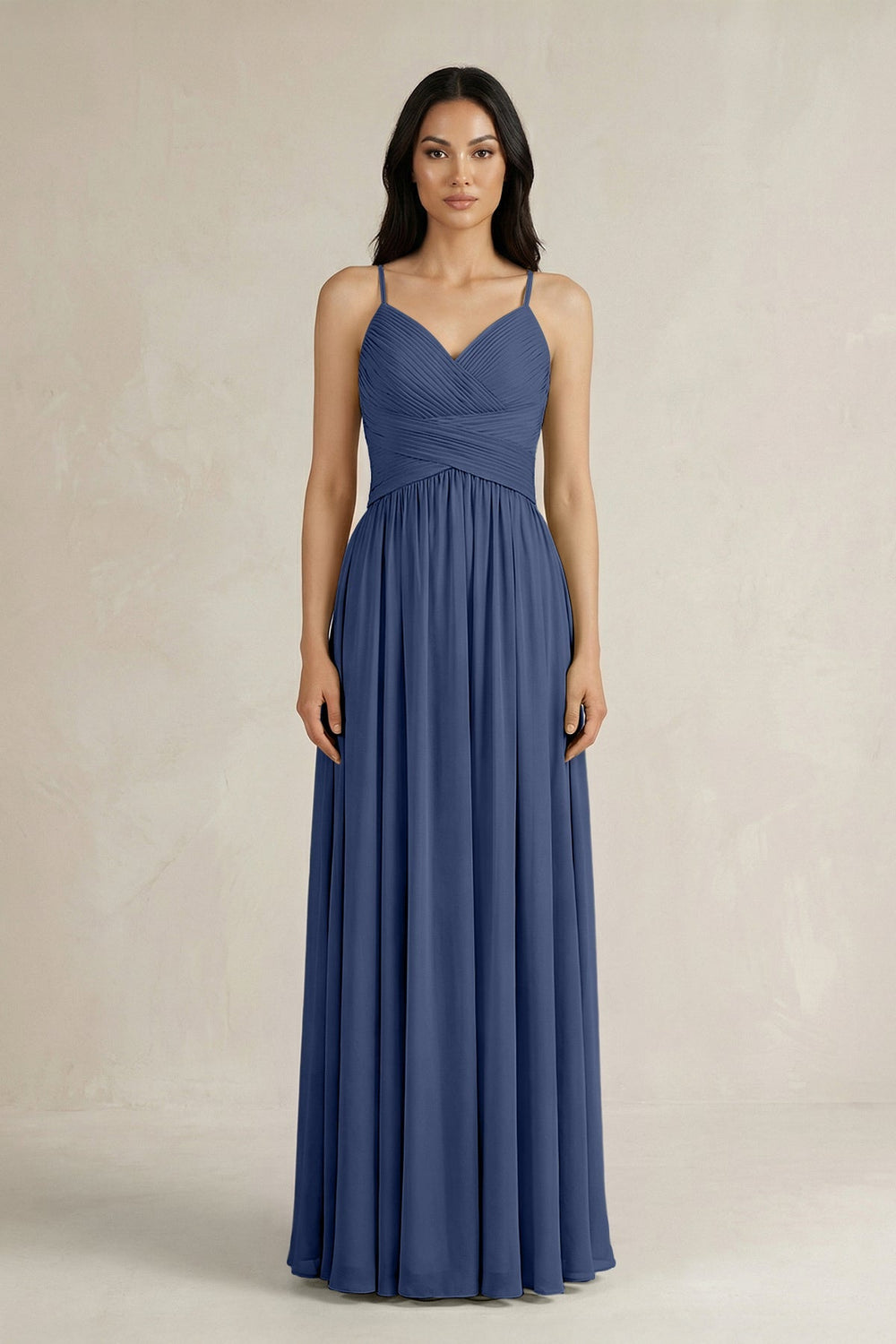 A - Line Pleated Spaghetti Strap Chiffon Bridesmaid Dress in Navy - KISS BRIDAL Bridesmaid Dresses