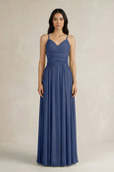 A - Line Pleated Spaghetti Strap Chiffon Bridesmaid Dress in Navy - KISS BRIDAL Bridesmaid Dresses