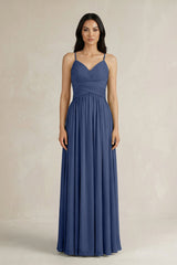 A - Line Pleated Spaghetti Strap Chiffon Bridesmaid Dress in Navy - KISS BRIDAL Bridesmaid Dresses
