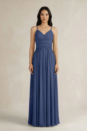 A - Line Pleated Spaghetti Strap Chiffon Bridesmaid Dress in Navy - KISS BRIDAL Bridesmaid Dresses