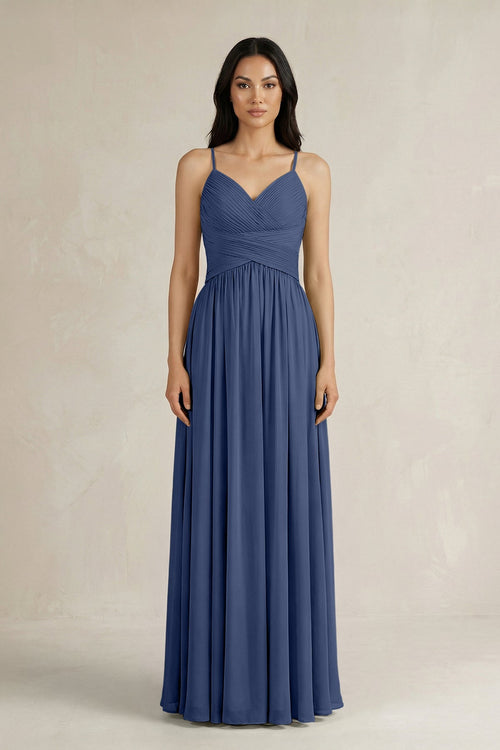 A - Line Pleated Spaghetti Strap Chiffon Bridesmaid Dress in Navy - KISS BRIDAL Bridesmaid Dresses
