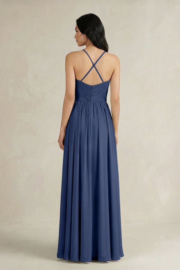 A - Line Pleated Spaghetti Strap Chiffon Bridesmaid Dress in Navy - KISS BRIDAL Bridesmaid Dresses