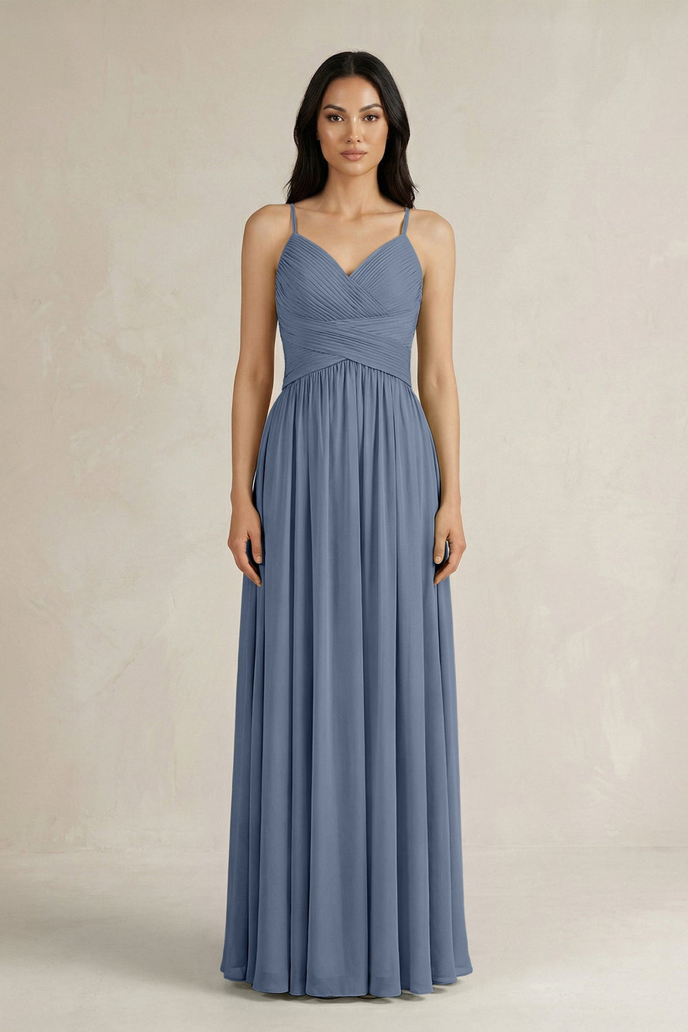A - Line Pleated Spaghetti Strap Chiffon Bridesmaid Dress in Neptune - KISS BRIDAL Bridesmaid Dresses