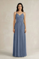 A - Line Pleated Spaghetti Strap Chiffon Bridesmaid Dress in Neptune - KISS BRIDAL Bridesmaid Dresses