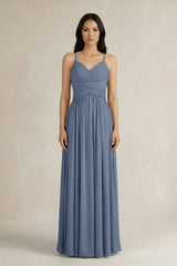 A - Line Pleated Spaghetti Strap Chiffon Bridesmaid Dress in Neptune - KISS BRIDAL Bridesmaid Dresses