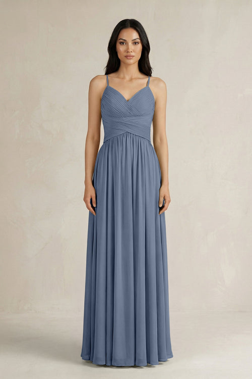 A - Line Pleated Spaghetti Strap Chiffon Bridesmaid Dress in Neptune - KISS BRIDAL Bridesmaid Dresses