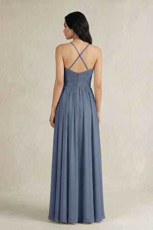 A - Line Pleated Spaghetti Strap Chiffon Bridesmaid Dress in Neptune - KISS BRIDAL Bridesmaid Dresses