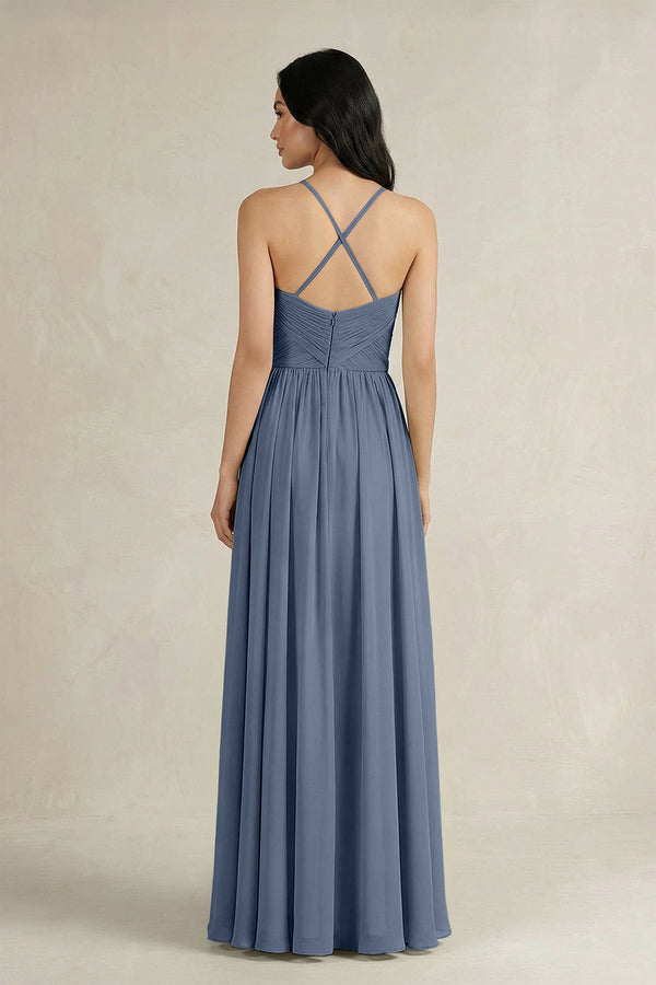 A - Line Pleated Spaghetti Strap Chiffon Bridesmaid Dress in Neptune - KISS BRIDAL Bridesmaid Dresses