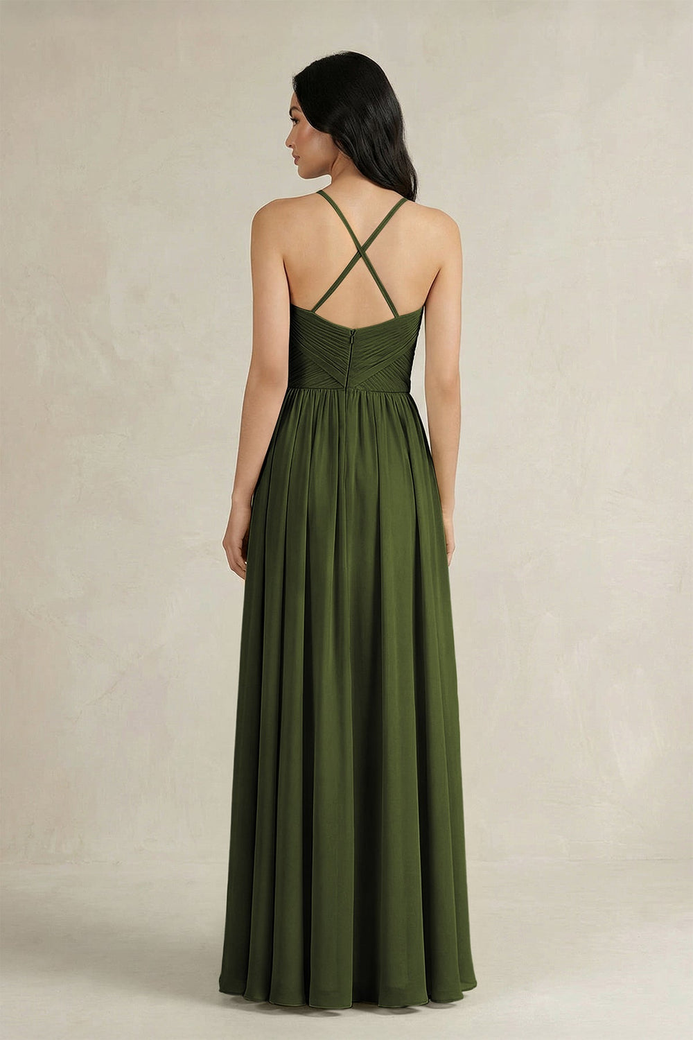 A - Line Pleated Spaghetti Strap Chiffon Bridesmaid Dress in Olive - KISS BRIDAL Bridesmaid Dresses