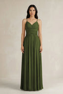 A - Line Pleated Spaghetti Strap Chiffon Bridesmaid Dress in Olive - KISS BRIDAL Bridesmaid Dresses