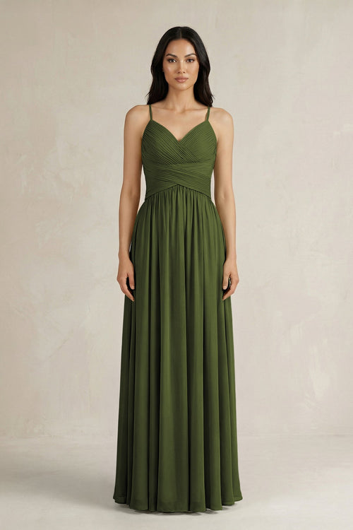 A - Line Pleated Spaghetti Strap Chiffon Bridesmaid Dress in Olive - KISS BRIDAL Bridesmaid Dresses