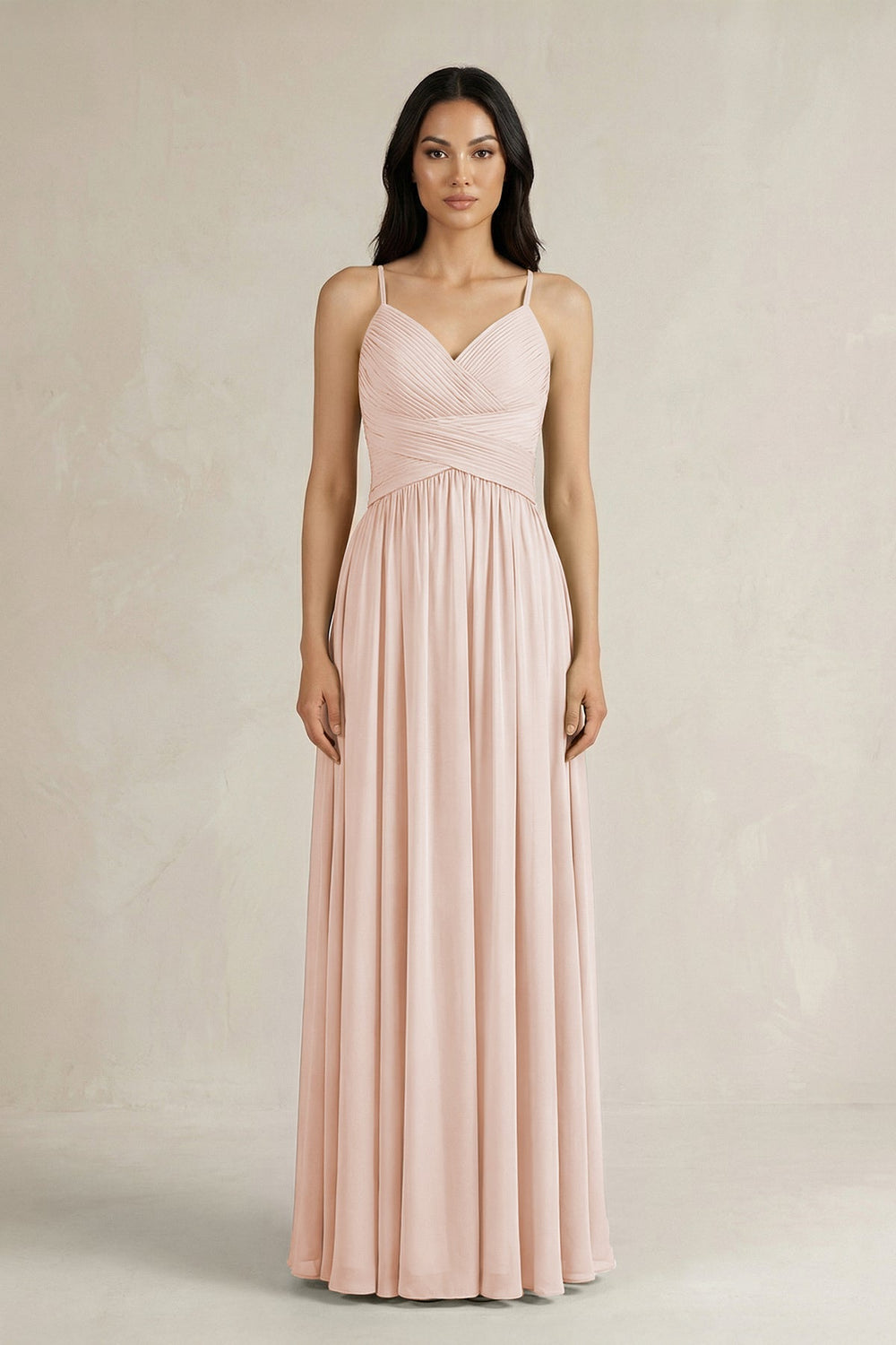 A - Line Pleated Spaghetti Strap Chiffon Bridesmaid Dress in Pale Blush - KISS BRIDAL Bridesmaid Dresses