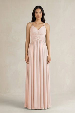 A - Line Pleated Spaghetti Strap Chiffon Bridesmaid Dress in Pale Blush - KISS BRIDAL Bridesmaid Dresses