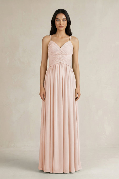 A - Line Pleated Spaghetti Strap Chiffon Bridesmaid Dress in Pale Blush - KISS BRIDAL Bridesmaid Dresses