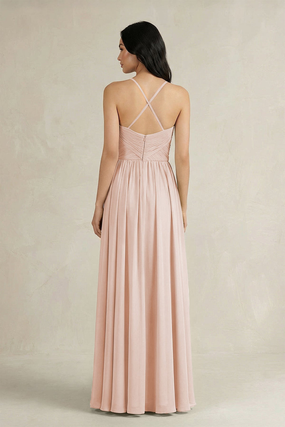 A - Line Pleated Spaghetti Strap Chiffon Bridesmaid Dress in Pale Blush - KISS BRIDAL Bridesmaid Dresses