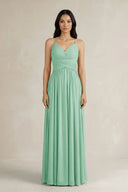 A - Line Pleated Spaghetti Strap Chiffon Bridesmaid Dress in Pale Pistachio - SHE IS ME Bridesmaid Dresses