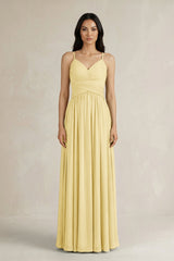 A - Line Pleated Spaghetti Strap Chiffon Bridesmaid Dress in Pastel Yellow - KISS BRIDAL Bridesmaid Dresses