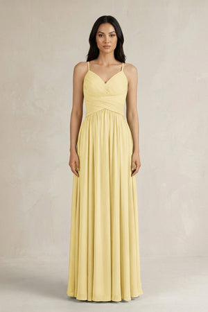 A - Line Pleated Spaghetti Strap Chiffon Bridesmaid Dress in Pastel Yellow - SHE IS ME Bridesmaid Dresses