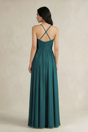 A - Line Pleated Spaghetti Strap Chiffon Bridesmaid Dress in Pine - KISS BRIDAL Bridesmaid Dresses