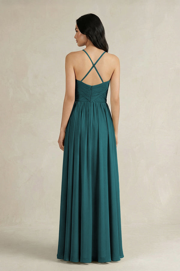 A - Line Pleated Spaghetti Strap Chiffon Bridesmaid Dress in Pine - KISS BRIDAL Bridesmaid Dresses