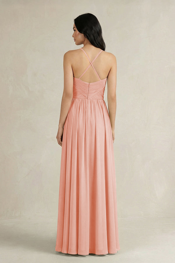 A - Line Pleated Spaghetti Strap Chiffon Bridesmaid Dress in Rose Petal - KISS BRIDAL Bridesmaid Dresses
