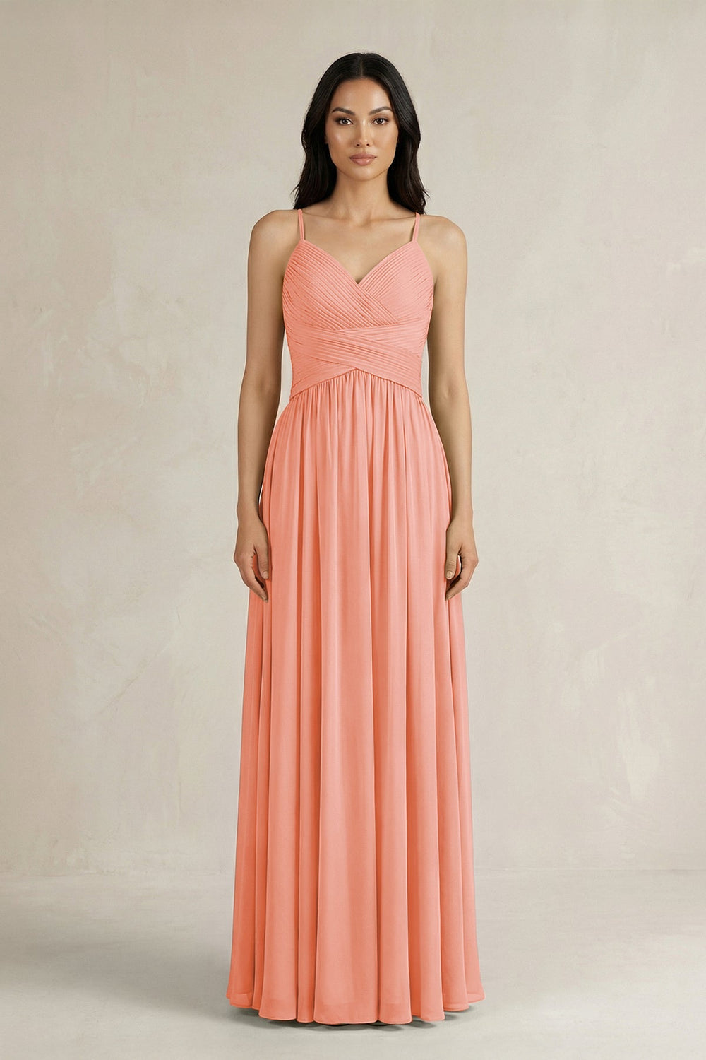 A - Line Pleated Spaghetti Strap Chiffon Bridesmaid Dress in Rosette - KISS BRIDAL Bridesmaid Dresses