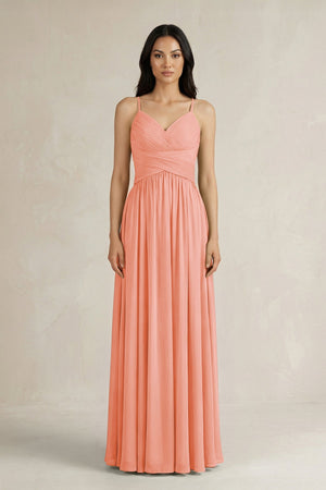 A - Line Pleated Spaghetti Strap Chiffon Bridesmaid Dress in Rosette - KISS BRIDAL Bridesmaid Dresses