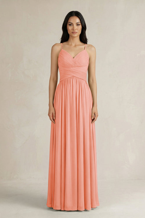 A - Line Pleated Spaghetti Strap Chiffon Bridesmaid Dress in Rosette - KISS BRIDAL Bridesmaid Dresses