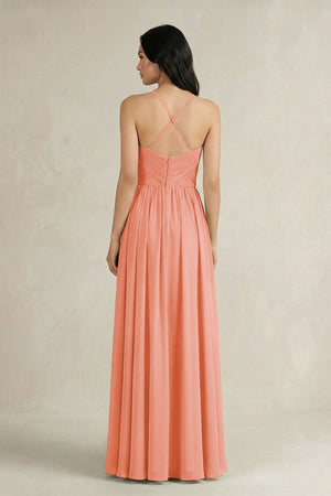 A - Line Pleated Spaghetti Strap Chiffon Bridesmaid Dress in Rosette - KISS BRIDAL Bridesmaid Dresses