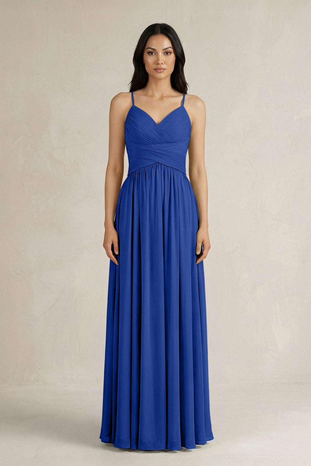 A - Line Pleated Spaghetti Strap Chiffon Bridesmaid Dress in Royal Blue - KISS BRIDAL Bridesmaid Dresses