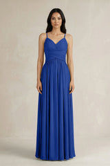 A - Line Pleated Spaghetti Strap Chiffon Bridesmaid Dress in Royal Blue - KISS BRIDAL Bridesmaid Dresses