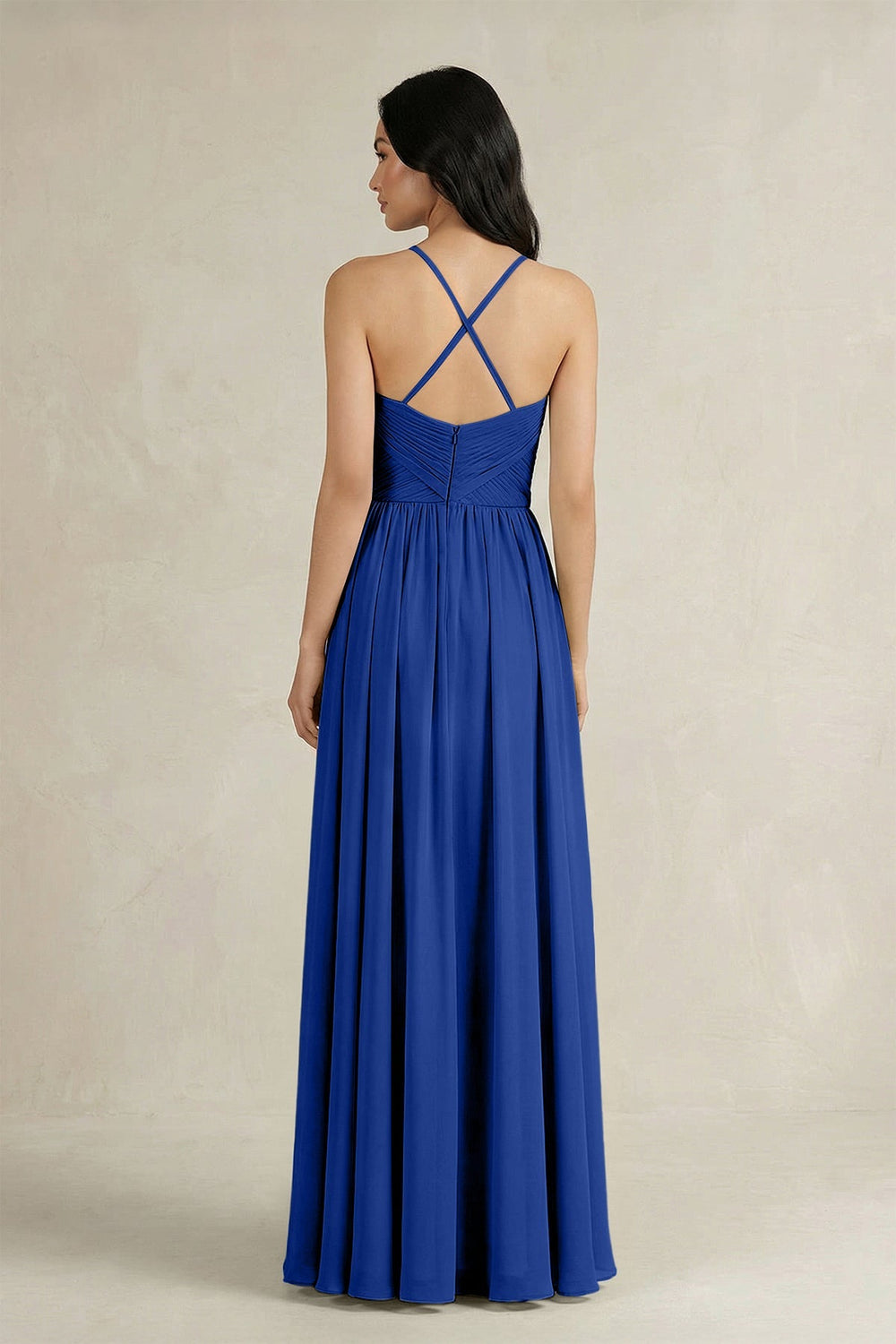 A - Line Pleated Spaghetti Strap Chiffon Bridesmaid Dress in Royal Blue - KISS BRIDAL Bridesmaid Dresses