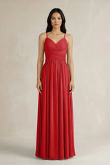 A - Line Pleated Spaghetti Strap Chiffon Bridesmaid Dress in Ruby Red - KISS BRIDAL Bridesmaid Dresses