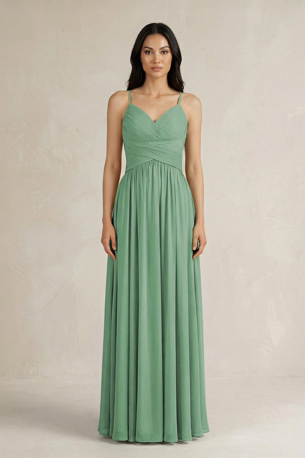 A - Line Pleated Spaghetti Strap Chiffon Bridesmaid Dress in Sea Glass - SHE IS ME Bridesmaid Dresses
