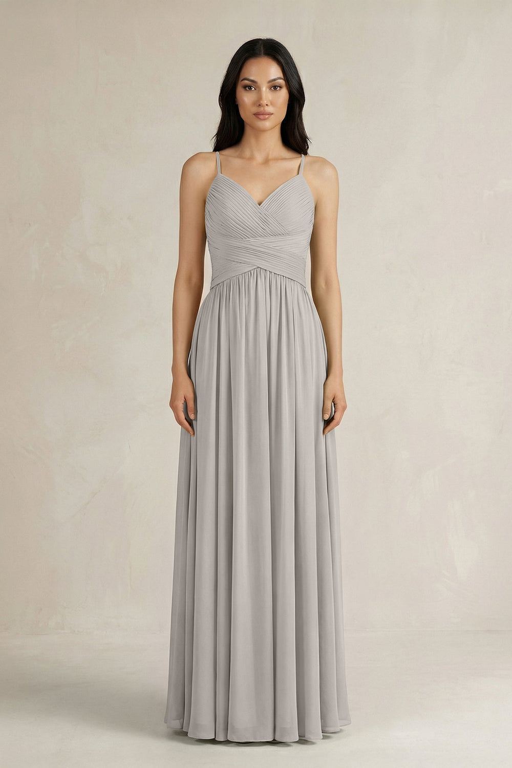 A - Line Pleated Spaghetti Strap Chiffon Bridesmaid Dress in Silver - KISS BRIDAL Bridesmaid Dresses