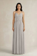 A - Line Pleated Spaghetti Strap Chiffon Bridesmaid Dress in Silver - KISS BRIDAL Bridesmaid Dresses
