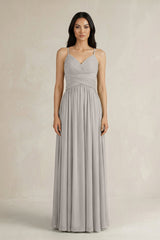 A - Line Pleated Spaghetti Strap Chiffon Bridesmaid Dress in Silver - KISS BRIDAL Bridesmaid Dresses
