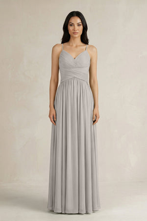 A - Line Pleated Spaghetti Strap Chiffon Bridesmaid Dress in Silver - KISS BRIDAL Bridesmaid Dresses